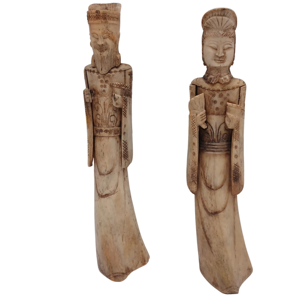 Pair of Vintage Carved Bovine Bone Chinese Emperor & Empress Figurines 11" Tall